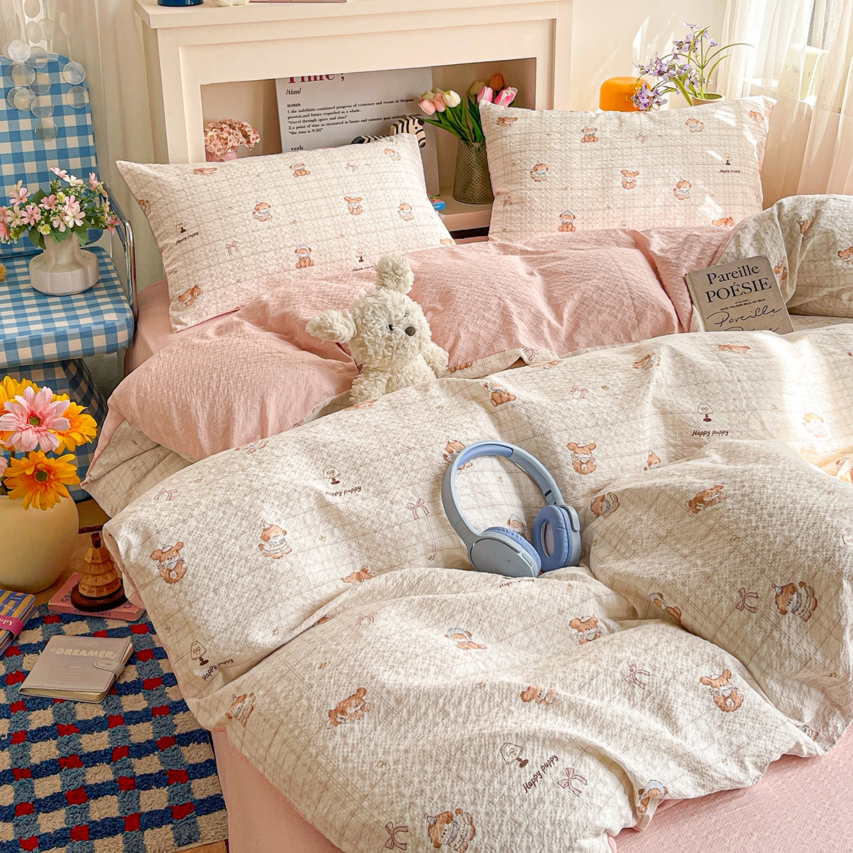 91家纺网 家纺一手货源 找家纺 N先生+V 13814689556 发大图/买家秀 2026新款A类软糯糯泡芙纱四件套 甜心萌宠