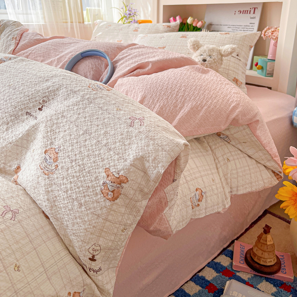 91家纺网 家纺一手货源 找家纺 N先生+V 13814689556 发大图/买家秀 2026新款A类软糯糯泡芙纱四件套 甜心萌宠