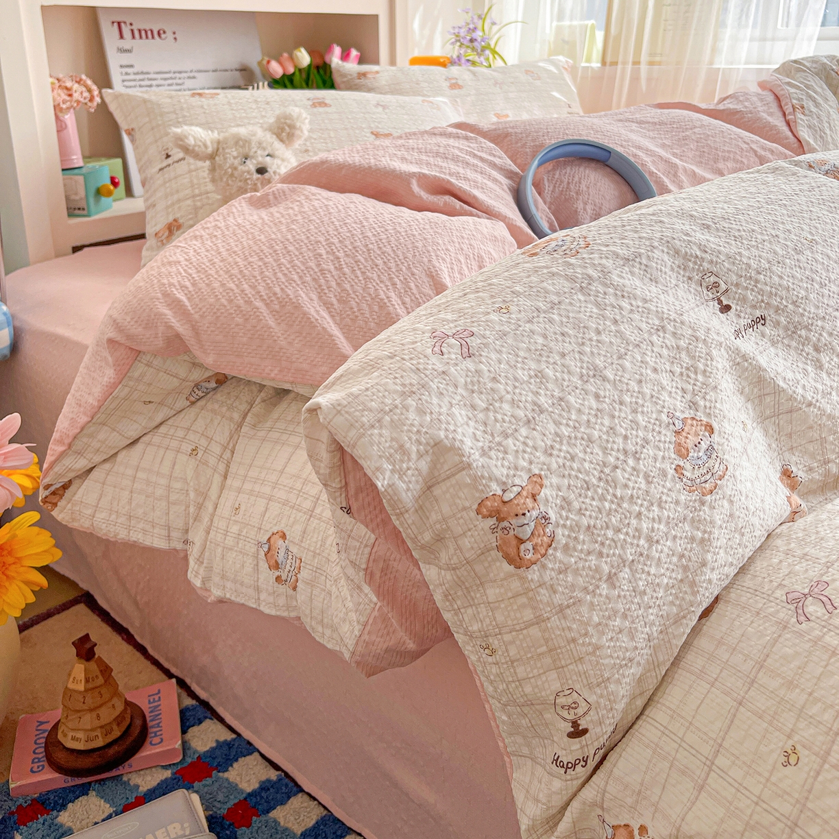 91家纺网 家纺一手货源 找家纺 N先生+V 13814689556 发大图/买家秀 2026新款A类软糯糯泡芙纱四件套 甜心萌宠