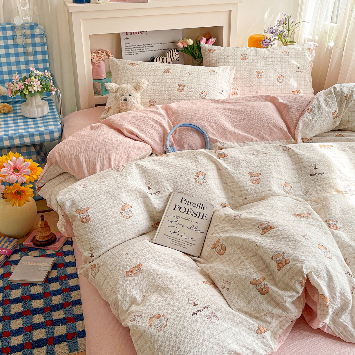 91家纺网 家纺一手货源 找家纺 N先生+V 13814689556 发大图/买家秀 2026新款A类软糯糯泡芙纱四件套 甜心萌宠