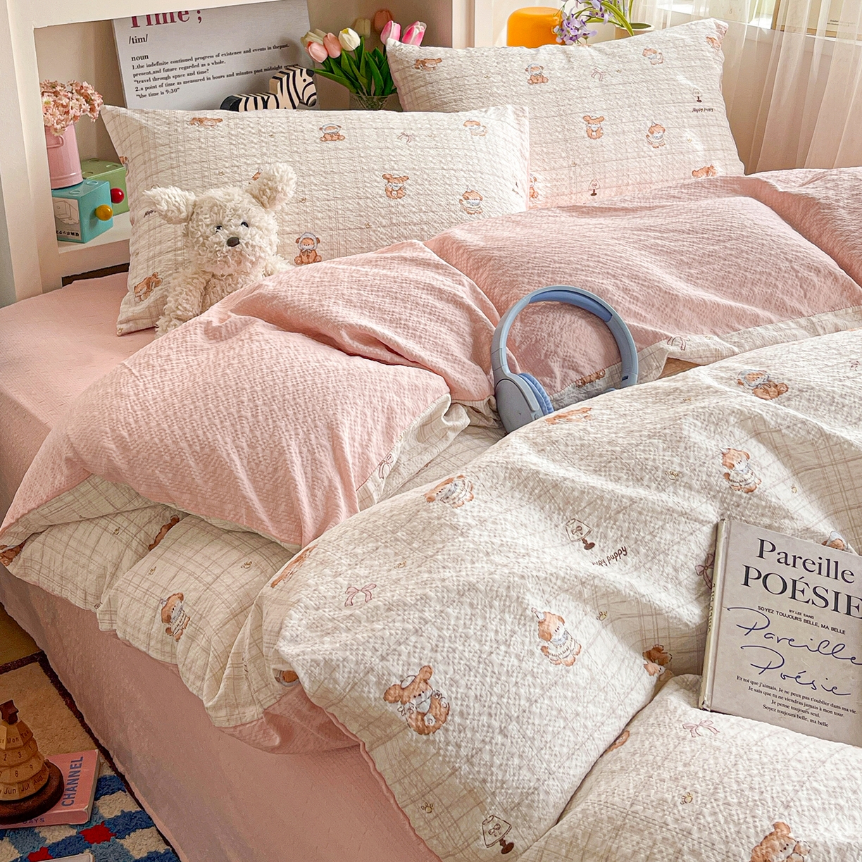 91家纺网 家纺一手货源 找家纺 N先生+V 13814689556 发大图/买家秀 2026新款A类软糯糯泡芙纱四件套 甜心萌宠