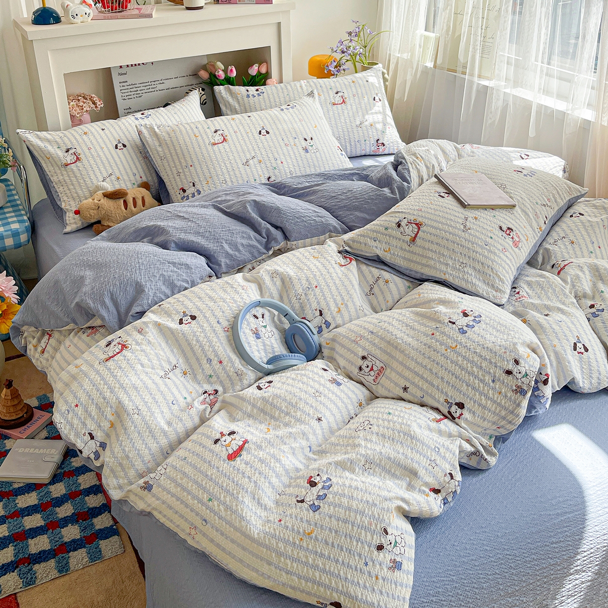 91家纺网 家纺一手货源 找家纺 N先生+V 13814689556 发大图/买家秀 2026新款A类软糯糯泡芙纱四件套 顽皮狗狗