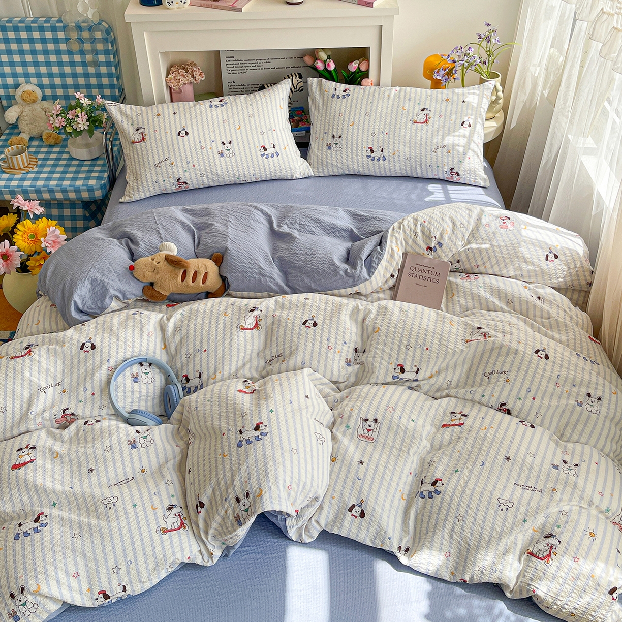 91家纺网 家纺一手货源 找家纺 N先生+V 13814689556 发大图/买家秀 2026新款A类软糯糯泡芙纱四件套 顽皮狗狗