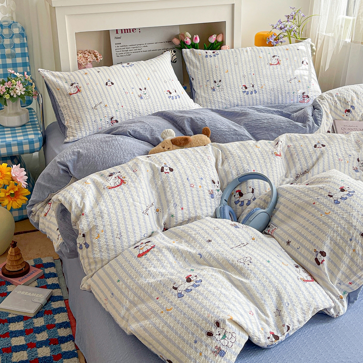 91家纺网 家纺一手货源 找家纺 N先生+V 13814689556 发大图/买家秀 2026新款A类软糯糯泡芙纱四件套 顽皮狗狗