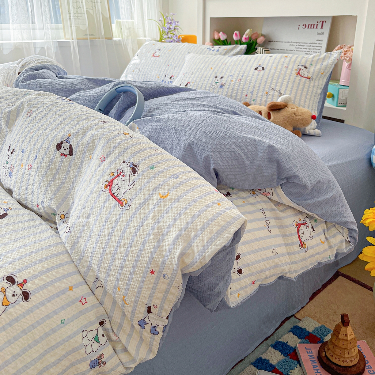 91家纺网 家纺一手货源 找家纺 N先生+V 13814689556 发大图/买家秀 2026新款A类软糯糯泡芙纱四件套 顽皮狗狗