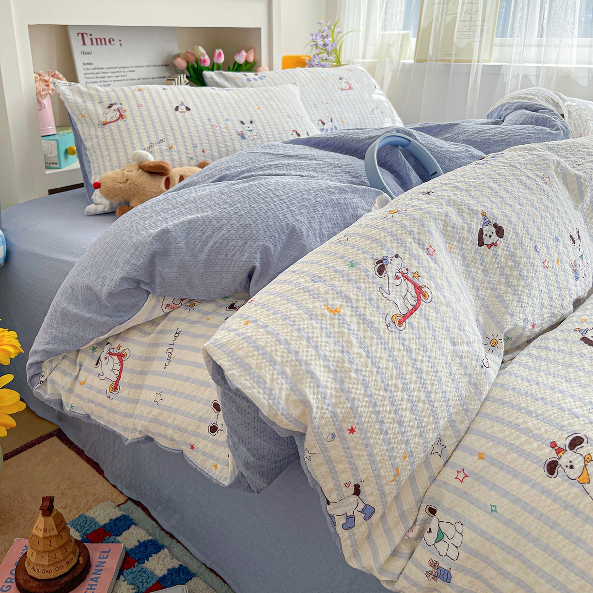 91家纺网 家纺一手货源 找家纺 N先生+V 13814689556 发大图/买家秀 2026新款A类软糯糯泡芙纱四件套 顽皮狗狗