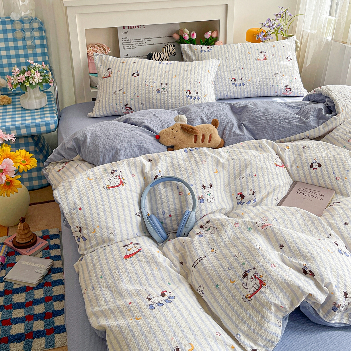 91家纺网 家纺一手货源 找家纺 N先生+V 13814689556 发大图/买家秀 2026新款A类软糯糯泡芙纱四件套 顽皮狗狗