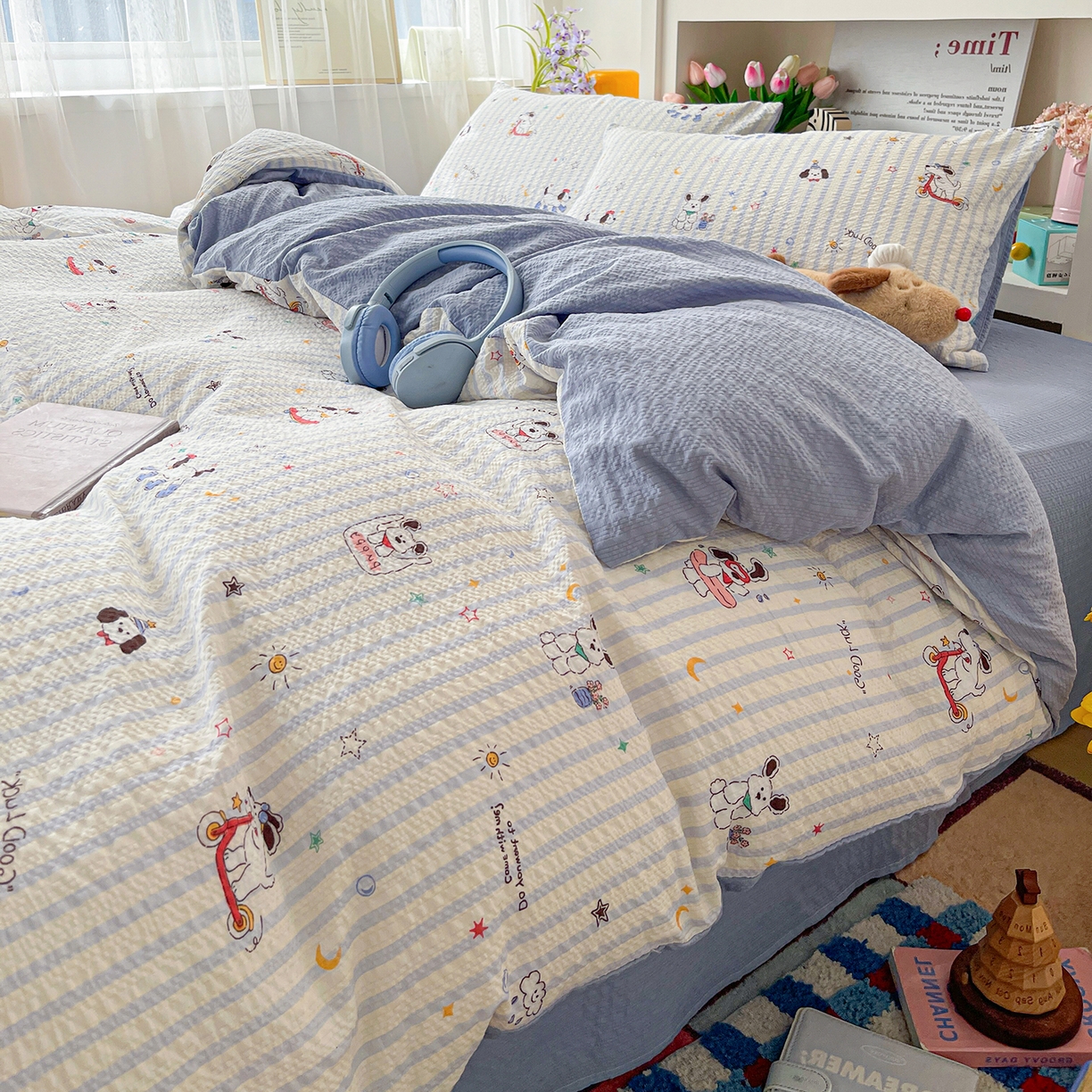 91家纺网 家纺一手货源 找家纺 N先生+V 13814689556 发大图/买家秀 2026新款A类软糯糯泡芙纱四件套 顽皮狗狗