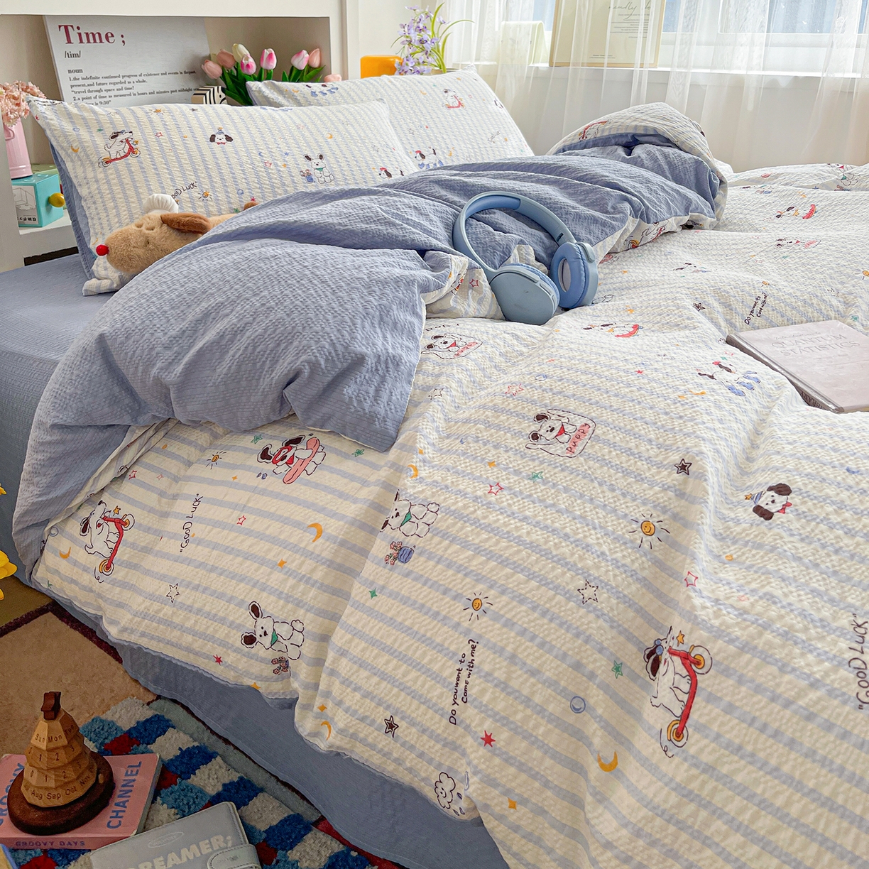 91家纺网 家纺一手货源 找家纺 N先生+V 13814689556 发大图/买家秀 2026新款A类软糯糯泡芙纱四件套 顽皮狗狗