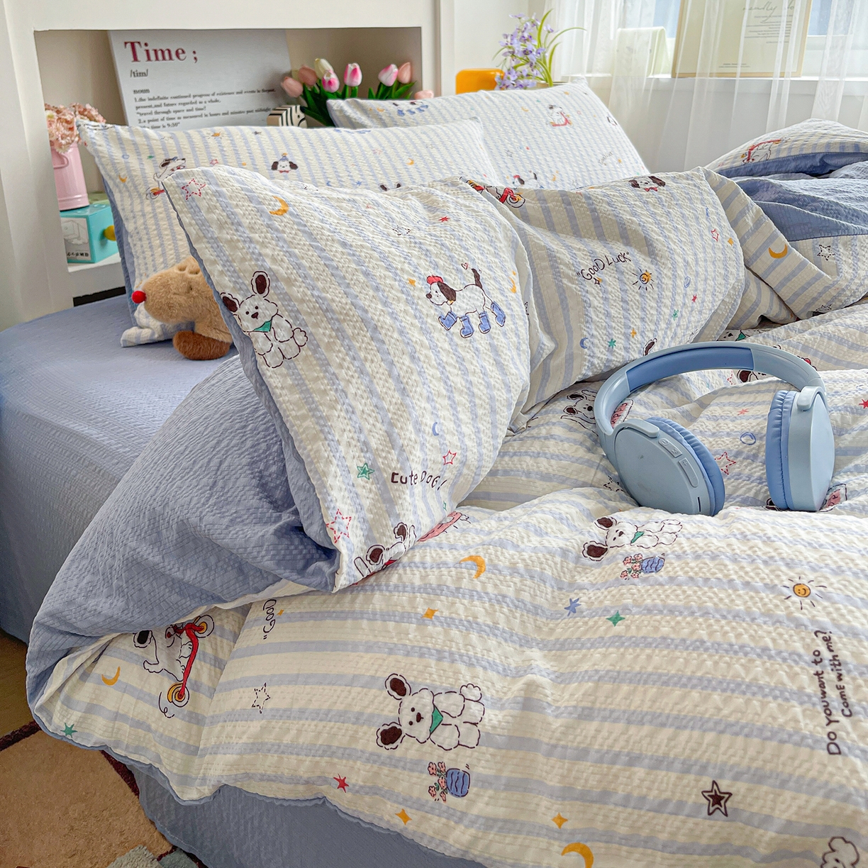 91家纺网 家纺一手货源 找家纺 N先生+V 13814689556 发大图/买家秀 2026新款A类软糯糯泡芙纱四件套 顽皮狗狗