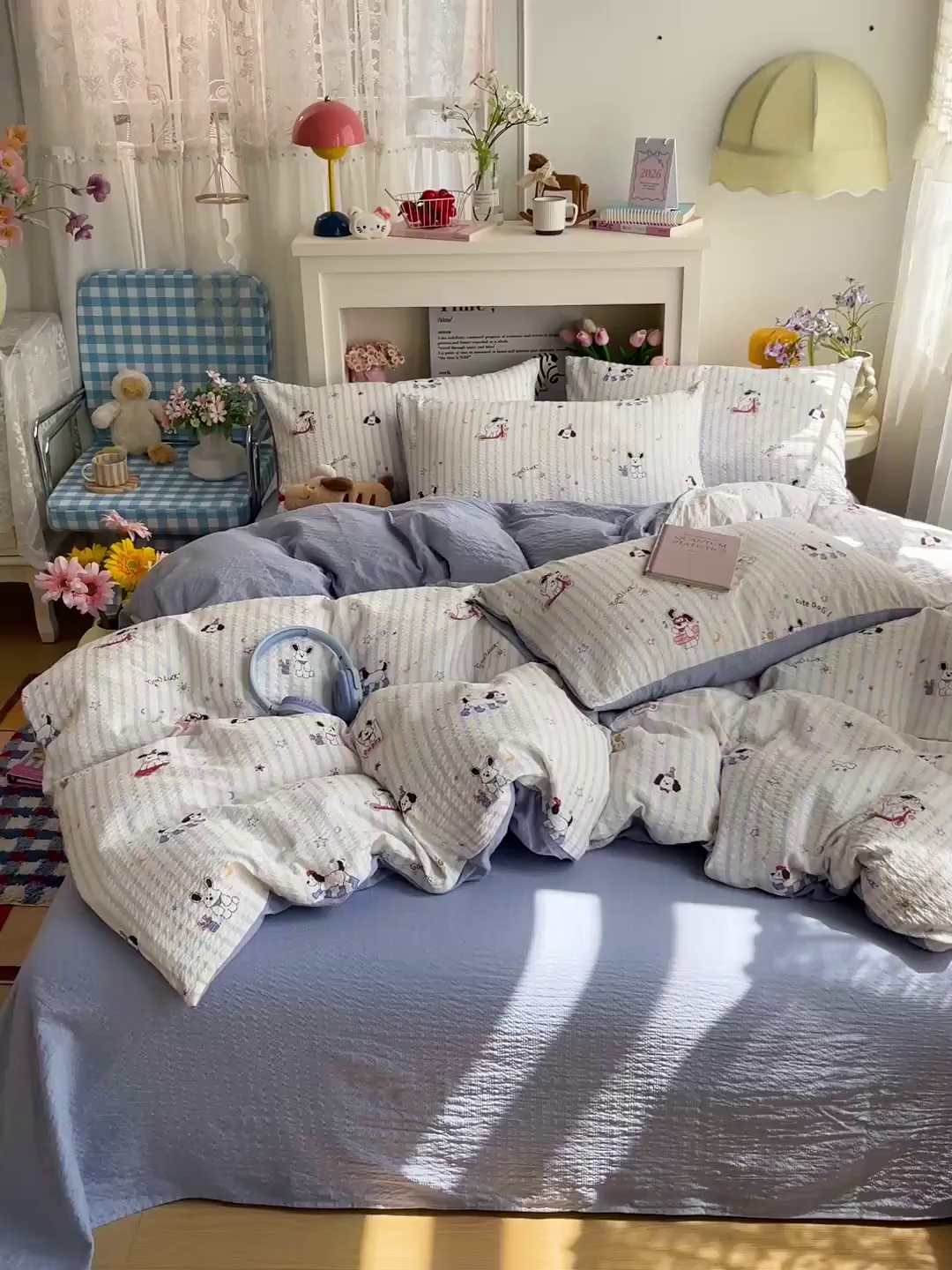 91家纺网 家纺一手货源 找家纺 N先生+V 13814689556 发大图/买家秀 2026新款A类软糯糯泡芙纱四件套 顽皮狗狗