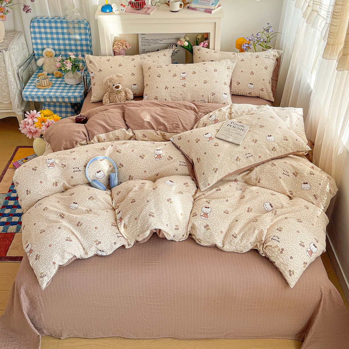 91家纺网 家纺一手货源 找家纺 N先生+V 13814689556 发大图/买家秀 2026新款A类软糯糯泡芙纱四件套 樱桃猫咪