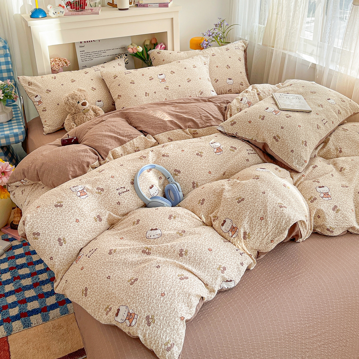 91家纺网 家纺一手货源 找家纺 N先生+V 13814689556 发大图/买家秀 2026新款A类软糯糯泡芙纱四件套 樱桃猫咪