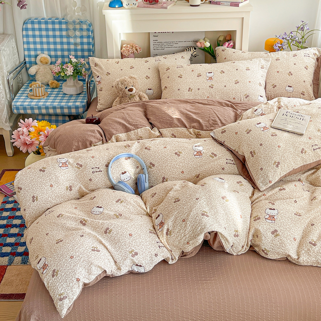 91家纺网 家纺一手货源 找家纺 N先生+V 13814689556 发大图/买家秀 2026新款A类软糯糯泡芙纱四件套 樱桃猫咪