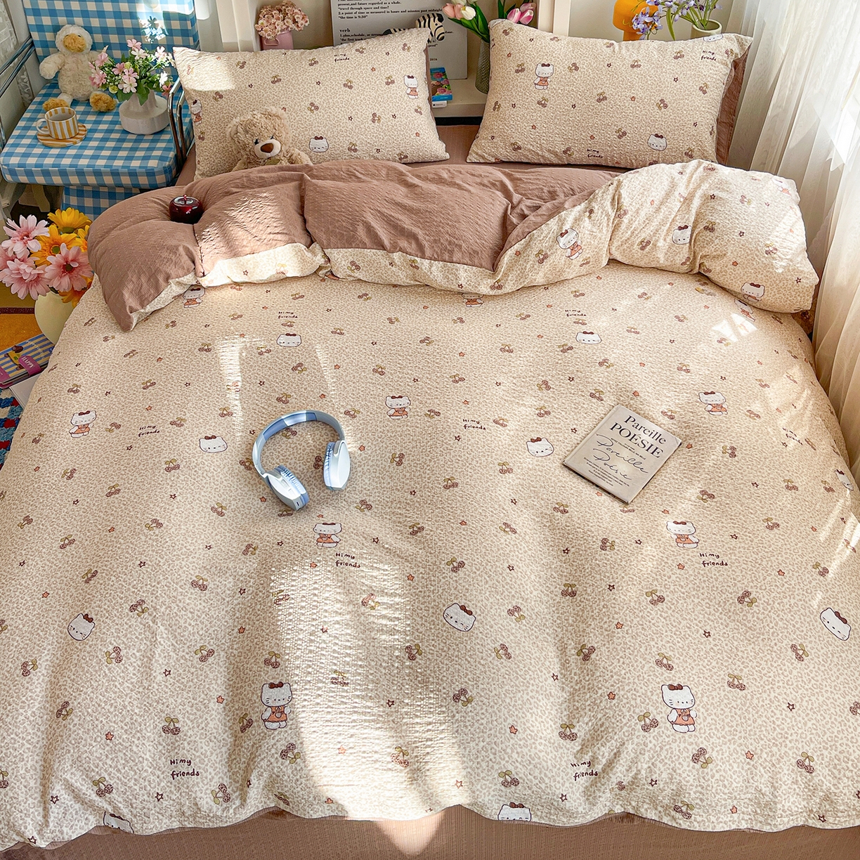 91家纺网 家纺一手货源 找家纺 N先生+V 13814689556 发大图/买家秀 2026新款A类软糯糯泡芙纱四件套 樱桃猫咪