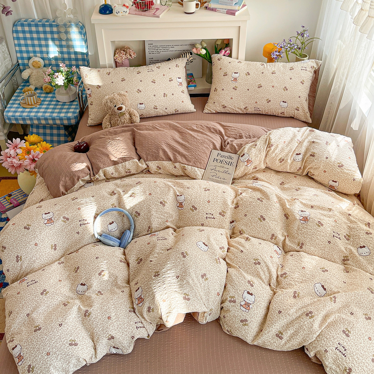 91家纺网 家纺一手货源 找家纺 N先生+V 13814689556 发大图/买家秀 2026新款A类软糯糯泡芙纱四件套 樱桃猫咪