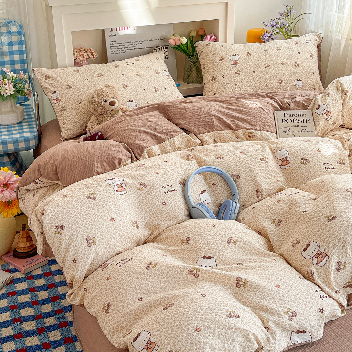 91家纺网 家纺一手货源 找家纺 N先生+V 13814689556 发大图/买家秀 2026新款A类软糯糯泡芙纱四件套 樱桃猫咪