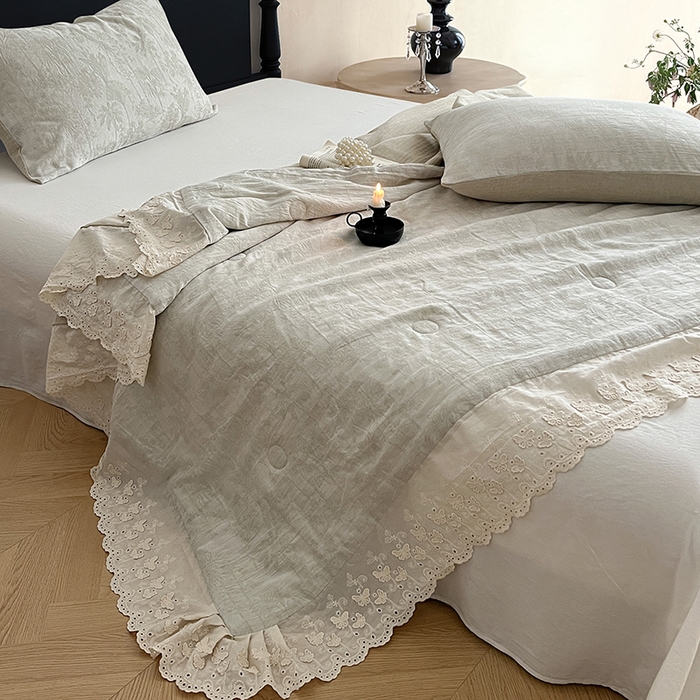 91家纺网 家纺一手货源 找家纺 VIP被业 2026新款棉麻莱塞尔蚕蛹凉感A类夏被四件套空调被 夏洛绿