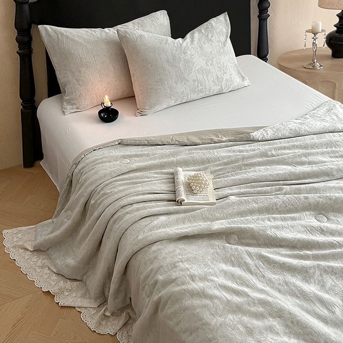 91家纺网 家纺一手货源 找家纺 VIP被业 2026新款棉麻莱塞尔蚕蛹凉感A类夏被四件套空调被 夏洛绿