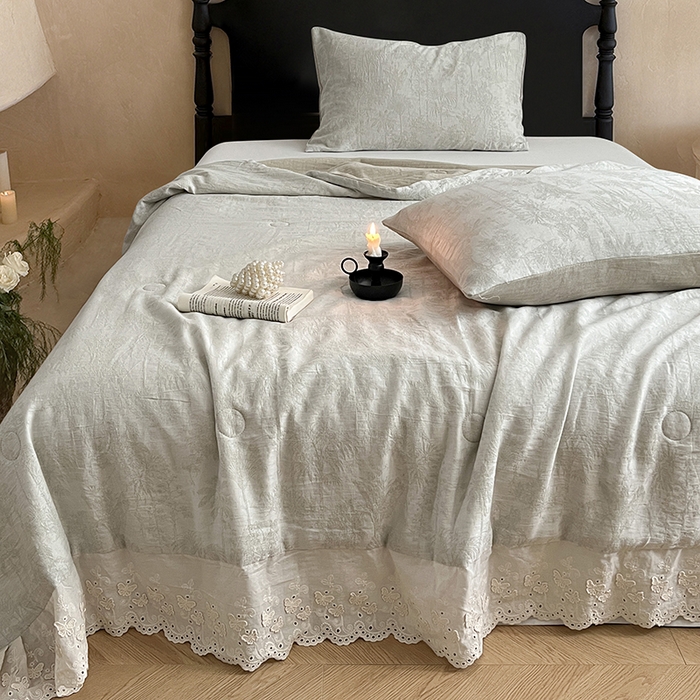 91家纺网 家纺一手货源 找家纺 VIP被业 2026新款棉麻莱塞尔蚕蛹凉感A类夏被四件套空调被 夏洛绿