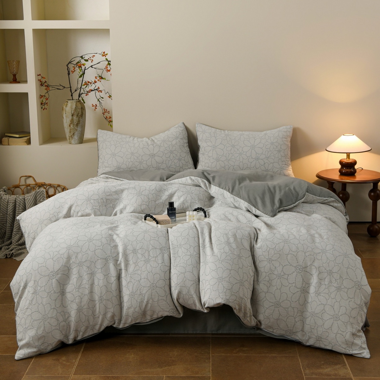 91家纺网 家纺一手货源 找家纺 菡宝 2026新款人字纹全棉色织提花四件套-流风余韵  流风余韵 灰