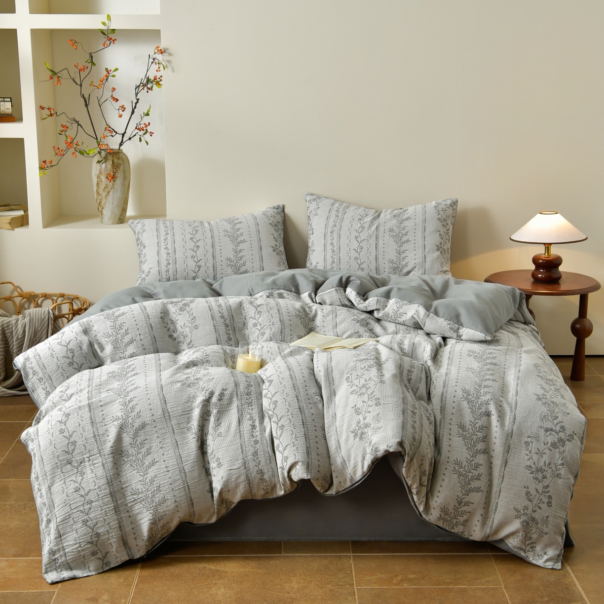 菡宝 2026新款人字纹全棉色织提花四件套-浪漫花蕴  浪漫花蕴 灰