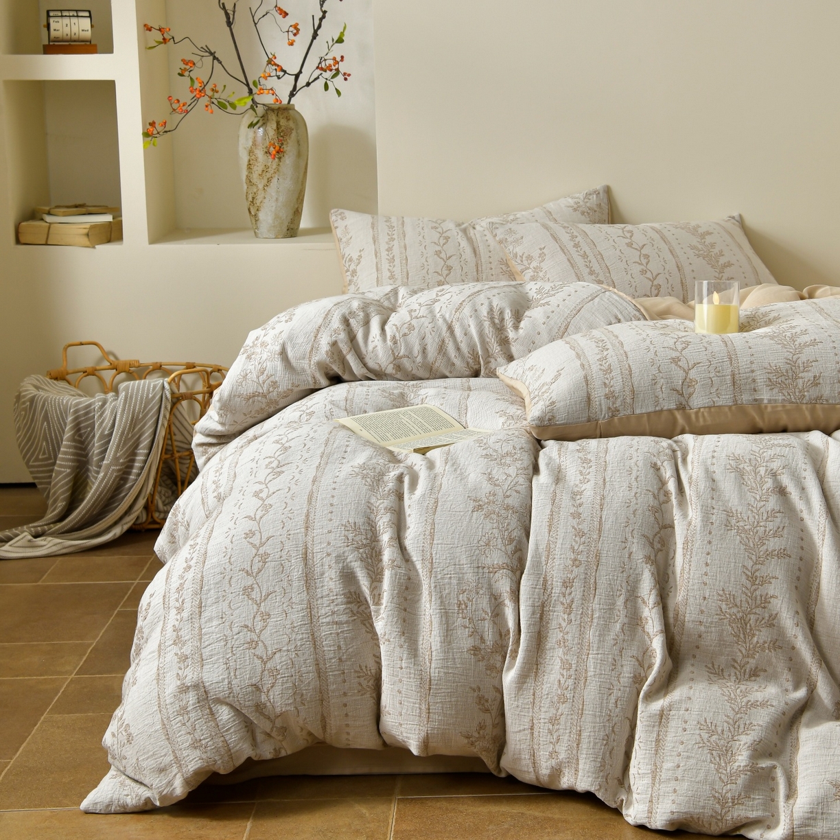 91家纺网 家纺一手货源 找家纺 菡宝 2026新款人字纹全棉色织提花四件套-浪漫花蕴  浪漫花蕴 杏