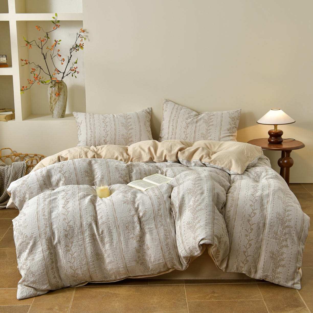 菡宝 2026新款人字纹全棉色织提花四件套-浪漫花蕴  浪漫花蕴 杏