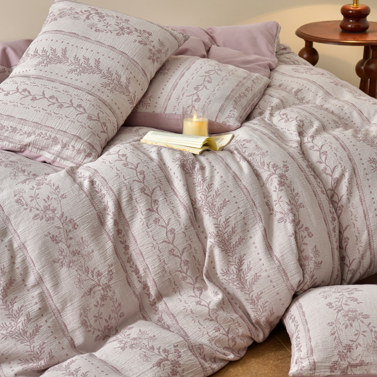 91家纺网 家纺一手货源 找家纺 菡宝 2026新款人字纹全棉色织提花四件套-浪漫花蕴  浪漫花蕴 紫