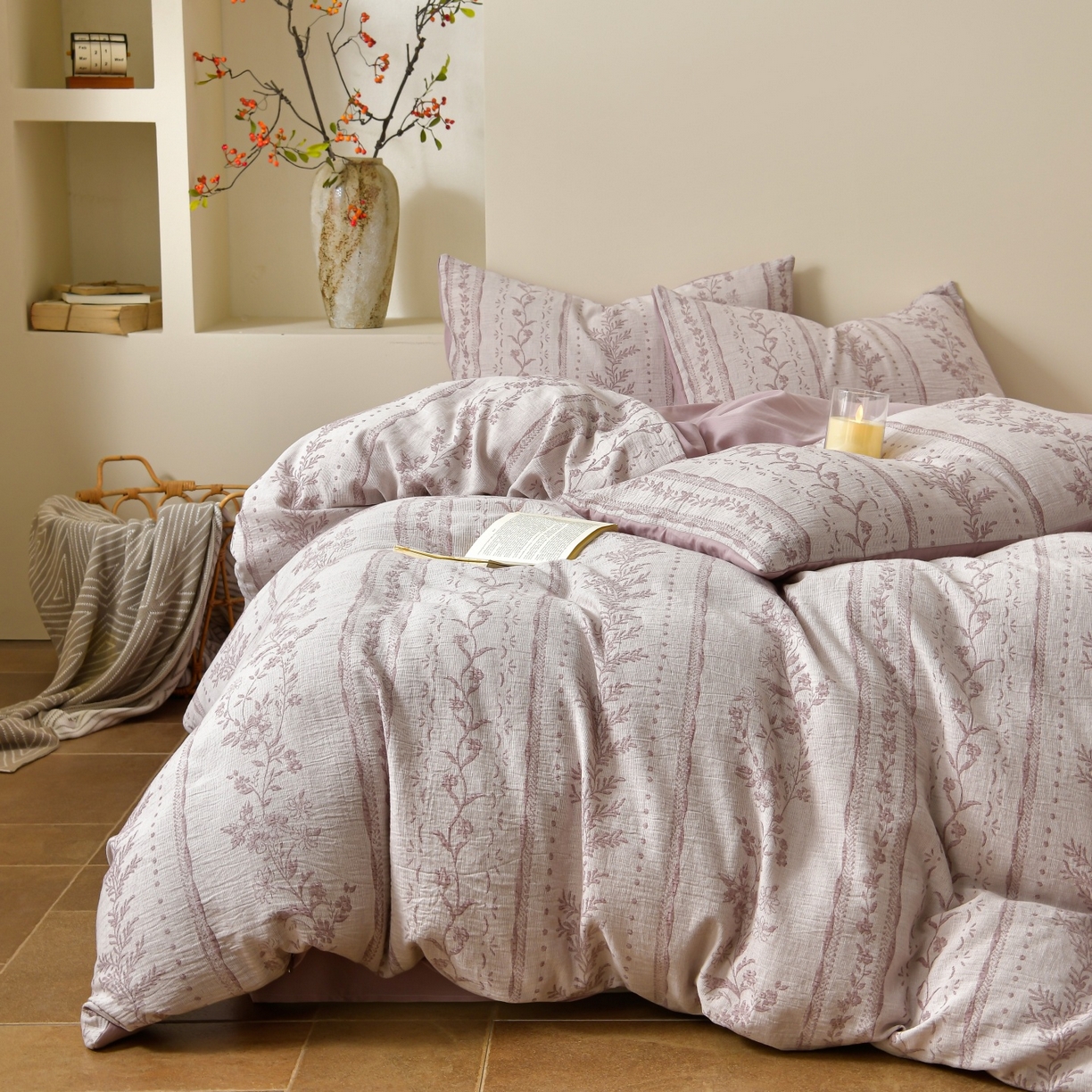 91家纺网 家纺一手货源 找家纺 菡宝 2026新款人字纹全棉色织提花四件套-浪漫花蕴  浪漫花蕴 紫