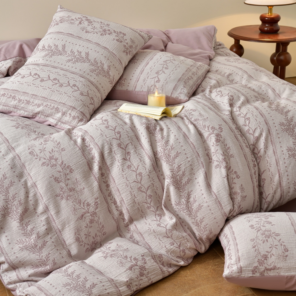 91家纺网 家纺一手货源 找家纺 菡宝 2026新款人字纹全棉色织提花四件套-浪漫花蕴  浪漫花蕴 紫