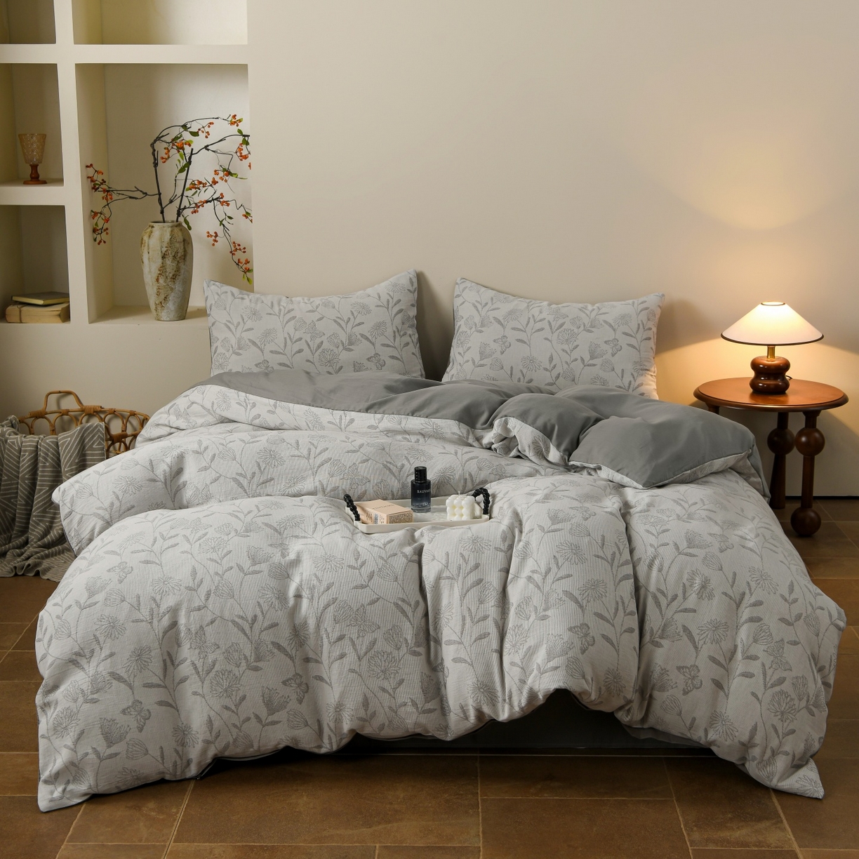 菡宝 2026新款人字纹全棉色织提花四件套-流风余韵  流风余韵 灰