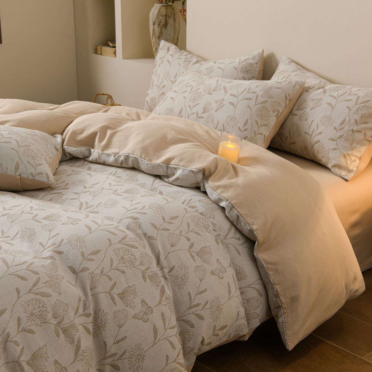 91家纺网 家纺一手货源 找家纺 菡宝 2026新款人字纹全棉色织提花四件套-流风余韵  流风余韵 杏