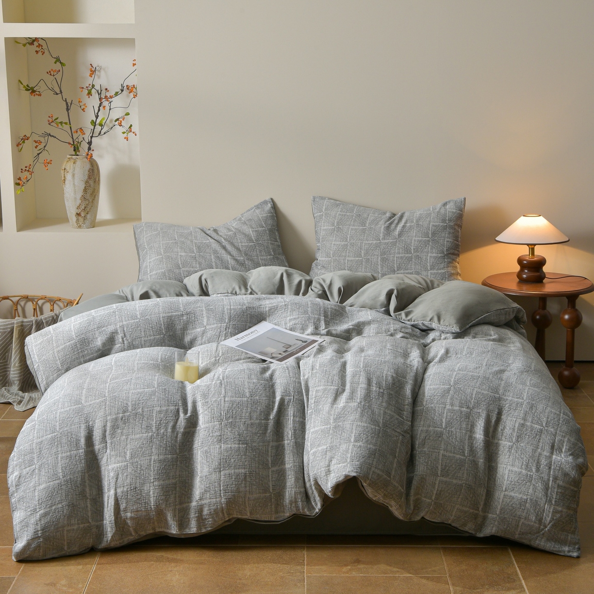 91家纺网 家纺一手货源 找家纺 菡宝 2026新款人字纹全棉色织提花四件套-流风余韵  流风余韵 灰