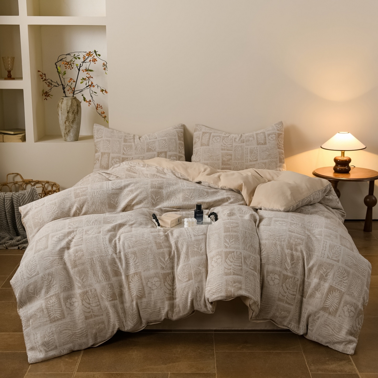 91家纺网 家纺一手货源 找家纺 （总）菡宝 2026新款人字纹全棉色织提花四件套-棕榈韵致 