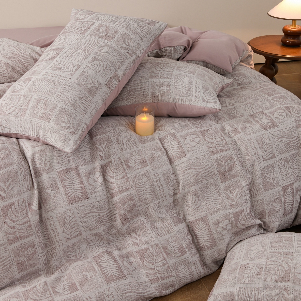 91家纺网 家纺一手货源 找家纺 （总）菡宝 2026新款人字纹全棉色织提花四件套-棕榈韵致 