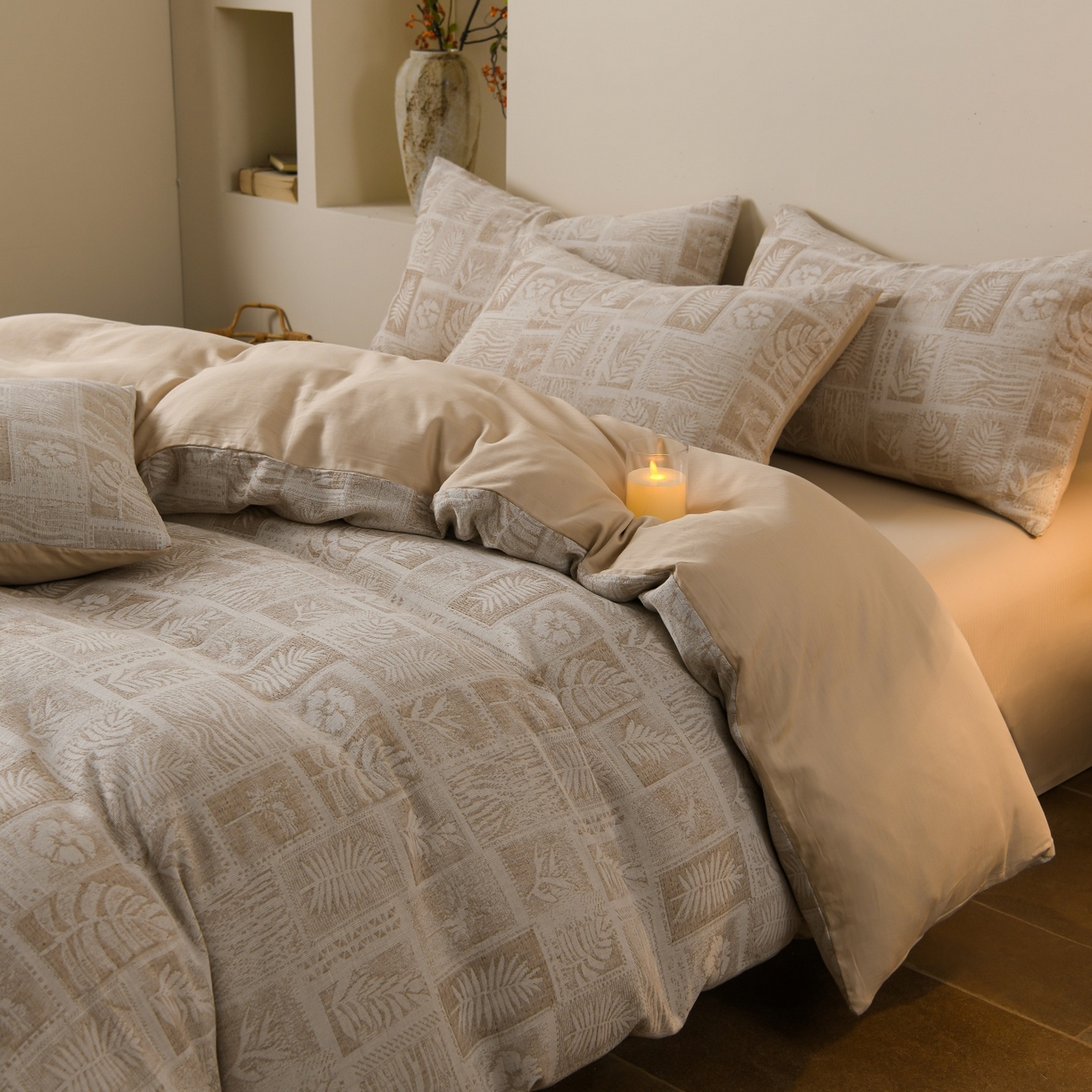 91家纺网 家纺一手货源 找家纺 菡宝 2026新款人字纹全棉色织提花四件套-棕榈韵致  棕榈韵致 杏