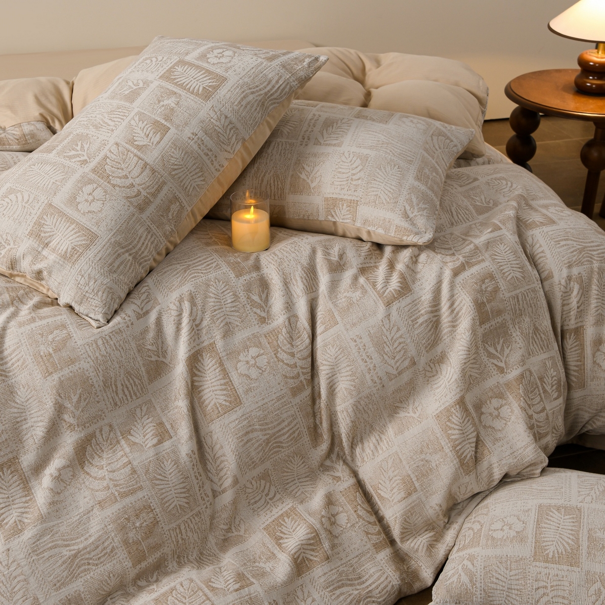 91家纺网 家纺一手货源 找家纺 菡宝 2026新款人字纹全棉色织提花四件套-棕榈韵致  棕榈韵致 杏