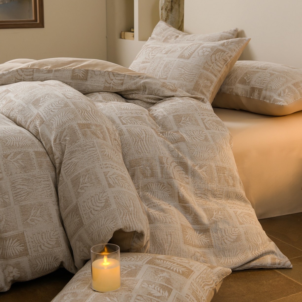 91家纺网 家纺一手货源 找家纺 菡宝 2026新款人字纹全棉色织提花四件套-棕榈韵致  棕榈韵致 杏