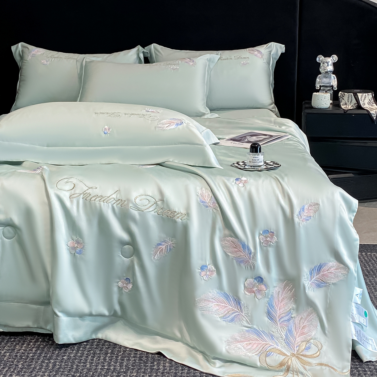 91家纺网 家纺一手货源 找家纺 置顶家纺 2026新款星羽-水洗天丝夏被刺绣樱桃夏凉被空调被刺绣四件套 星羽-繁星蓝