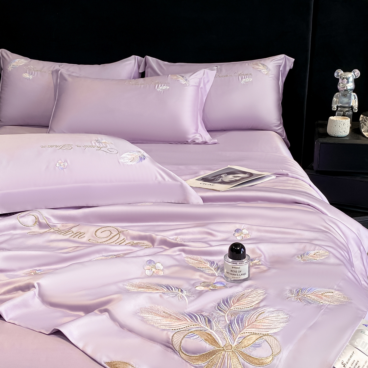 91家纺网 家纺一手货源 找家纺 置顶家纺 2026新款星羽-水洗天丝夏被刺绣樱桃夏凉被空调被刺绣四件套 星羽-香芋紫