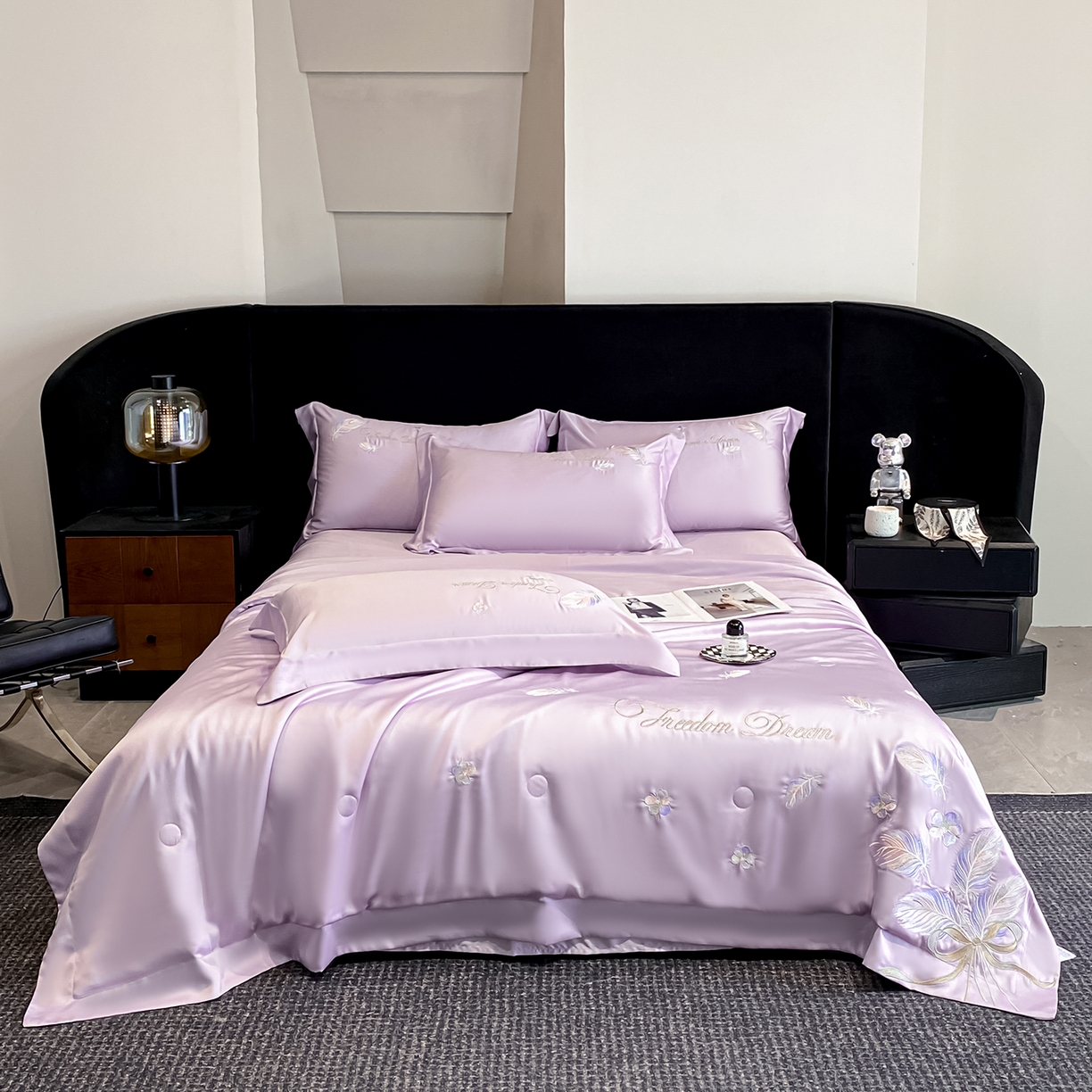 91家纺网 家纺一手货源 找家纺 置顶家纺 2026新款星羽-水洗天丝夏被刺绣樱桃夏凉被空调被刺绣四件套 星羽-香芋紫