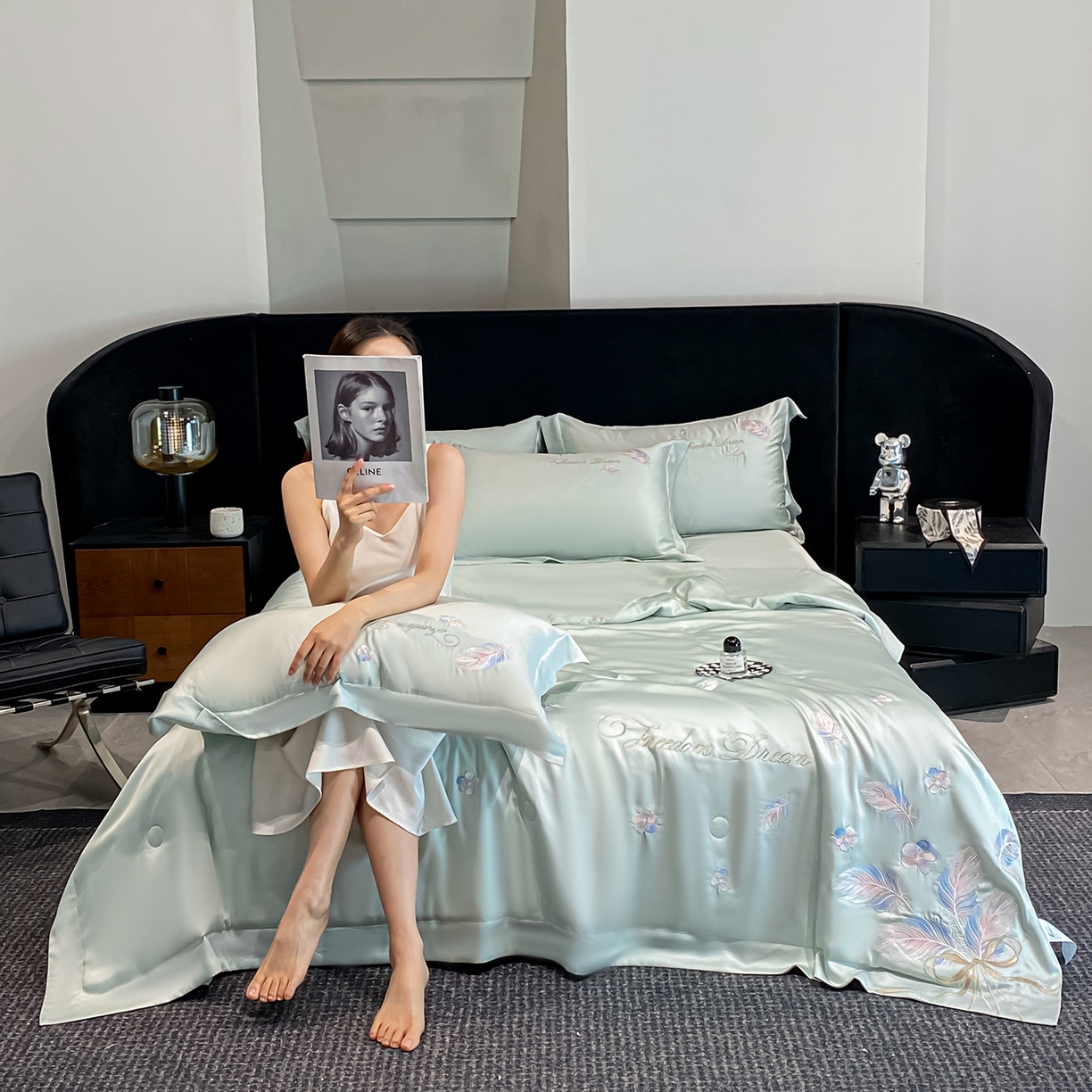 91家纺网 家纺一手货源 找家纺 置顶家纺 2026新款星羽-水洗天丝夏被刺绣樱桃夏凉被空调被刺绣四件套 星羽-繁星蓝