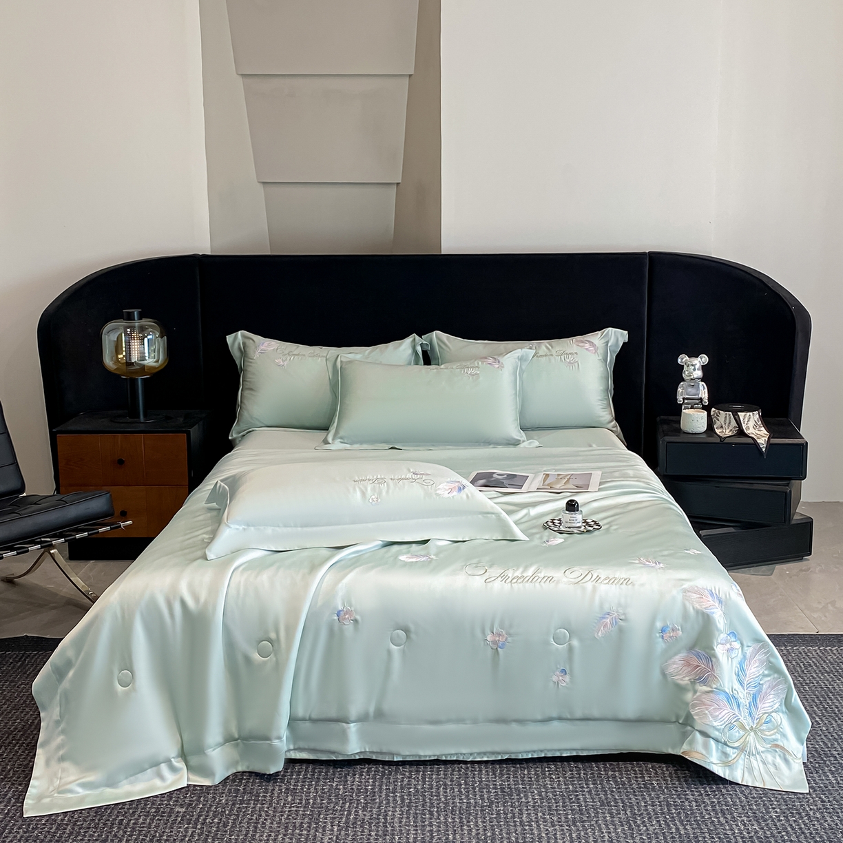 91家纺网 家纺一手货源 找家纺 置顶家纺 2026新款星羽-水洗天丝夏被刺绣樱桃夏凉被空调被刺绣四件套 星羽-繁星蓝