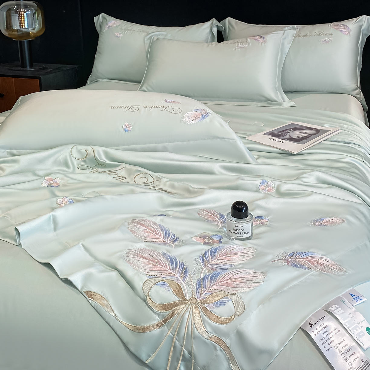 91家纺网 家纺一手货源 找家纺 置顶家纺 2026新款星羽-水洗天丝夏被刺绣樱桃夏凉被空调被刺绣四件套 星羽-繁星蓝