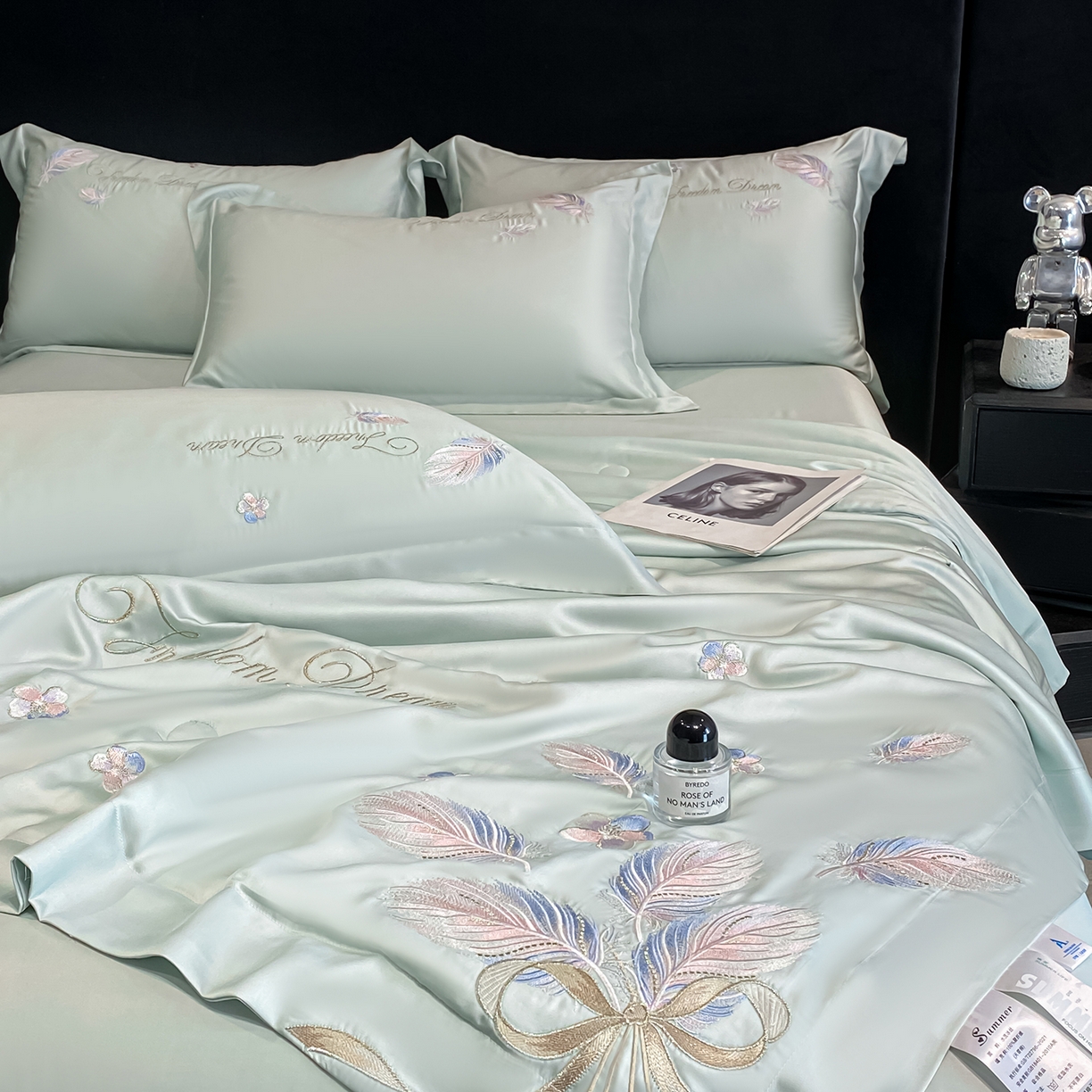 91家纺网 家纺一手货源 找家纺 置顶家纺 2026新款星羽-水洗天丝夏被刺绣樱桃夏凉被空调被刺绣四件套 星羽-繁星蓝