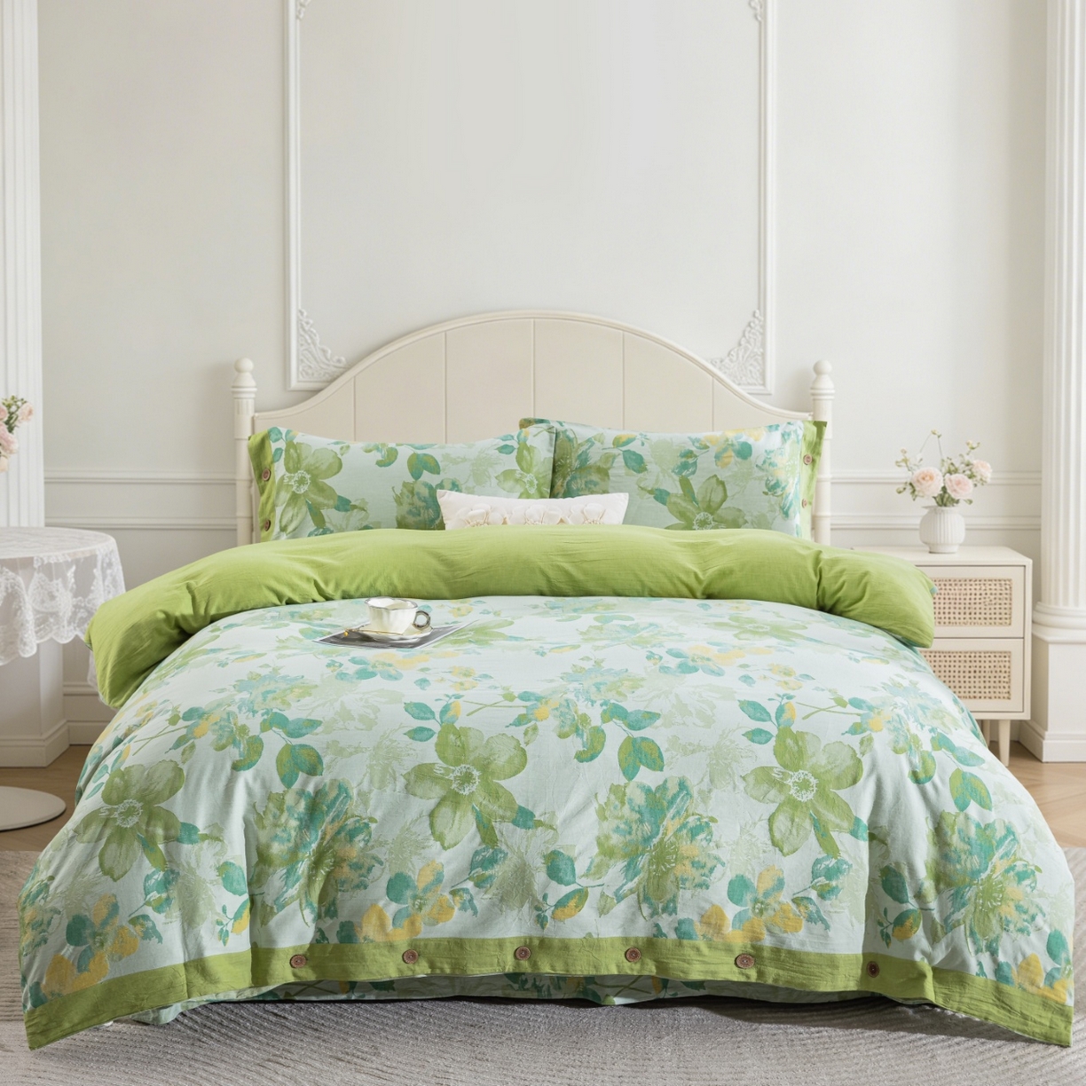 91家纺网 家纺一手货源 找家纺 仰望棉麻双层纱供应链 2026新款念奴娇全棉纯棉色织提花纽扣款四件套 念奴娇-绿色