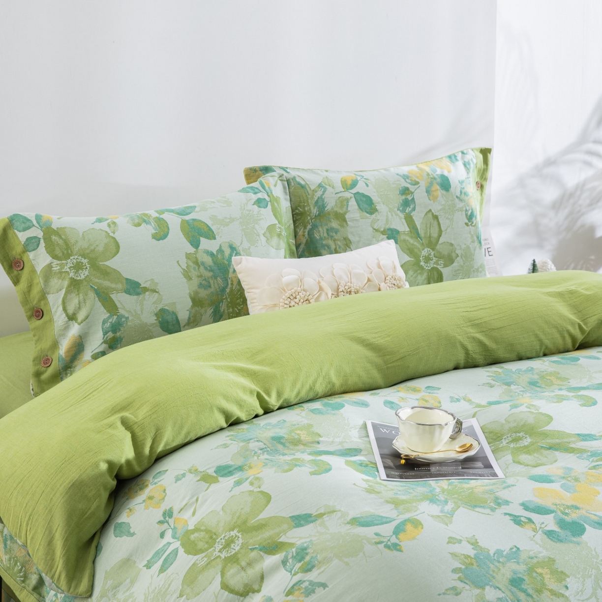 91家纺网 家纺一手货源 找家纺 仰望棉麻双层纱供应链 2026新款念奴娇全棉纯棉色织提花纽扣款四件套 念奴娇-绿色