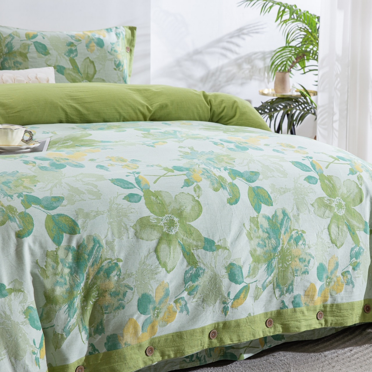 91家纺网 家纺一手货源 找家纺 仰望棉麻双层纱供应链 2026新款念奴娇全棉纯棉色织提花纽扣款四件套 念奴娇-绿色