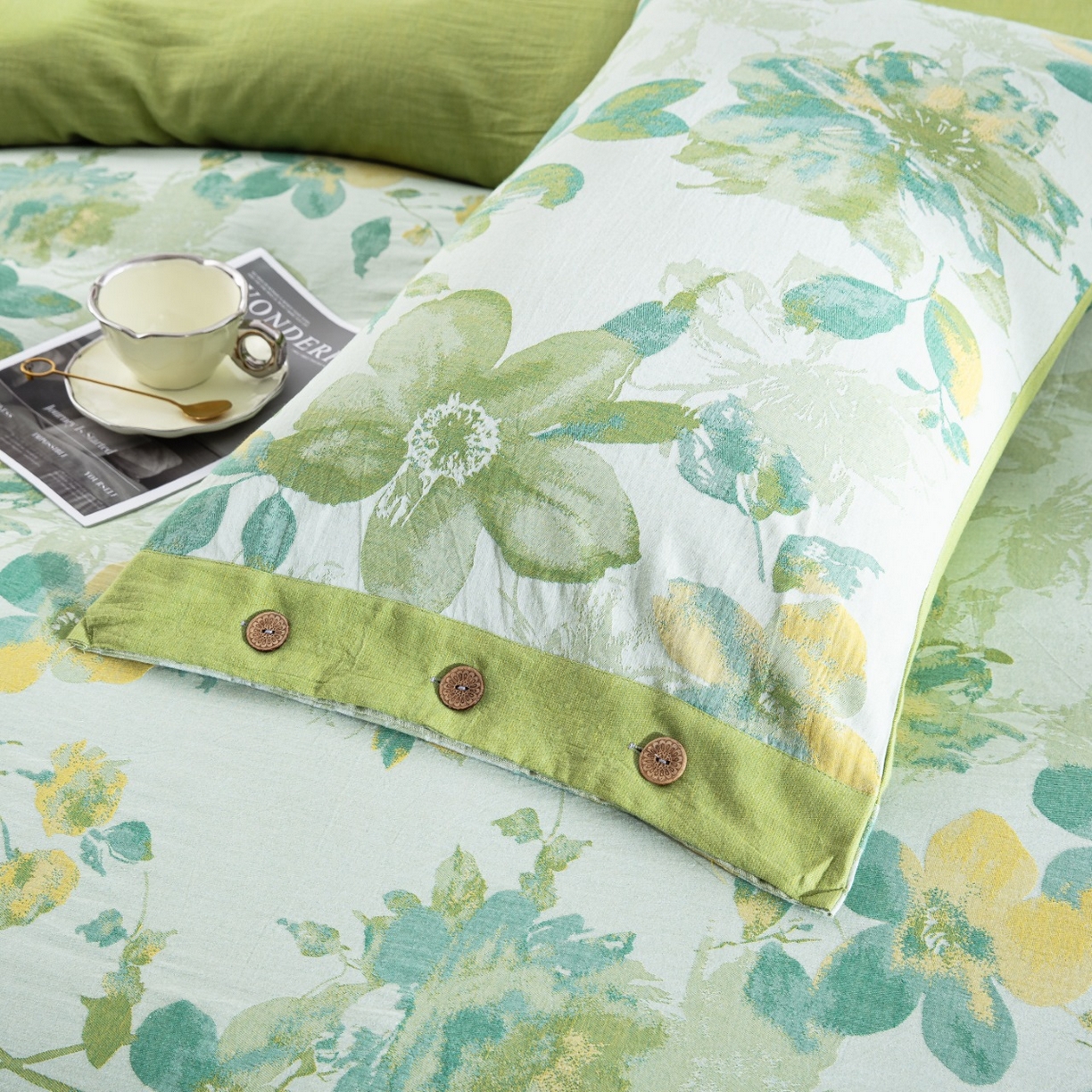 91家纺网 家纺一手货源 找家纺 仰望棉麻双层纱供应链 2026新款念奴娇全棉纯棉色织提花纽扣款四件套 念奴娇-绿色